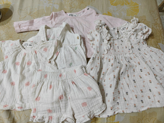 Collection of baby girl's clothing including dresses and a top on a floral-patterned surface.