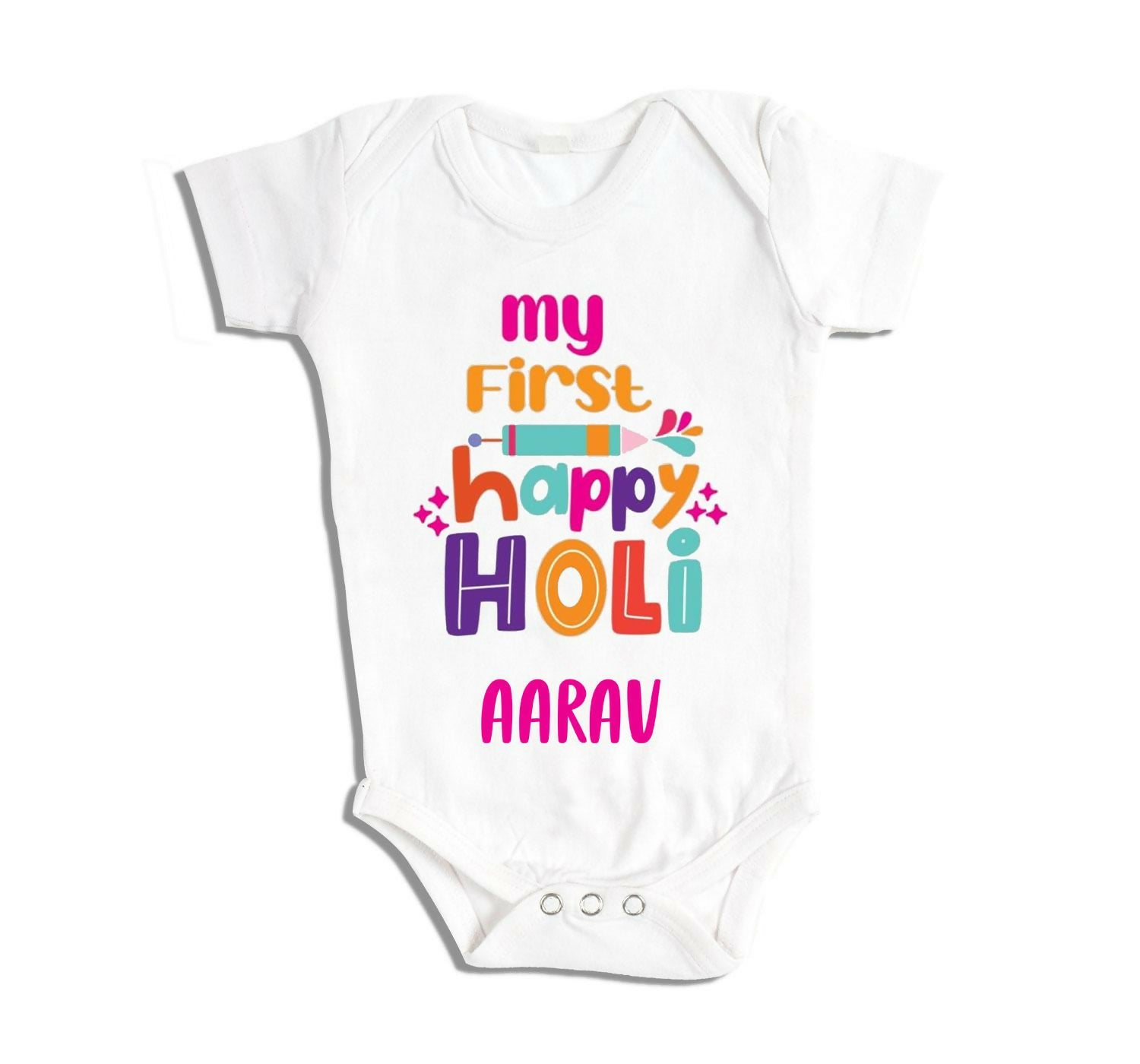 White baby onesie with colorful text 
