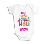 White baby onesie with colorful text 