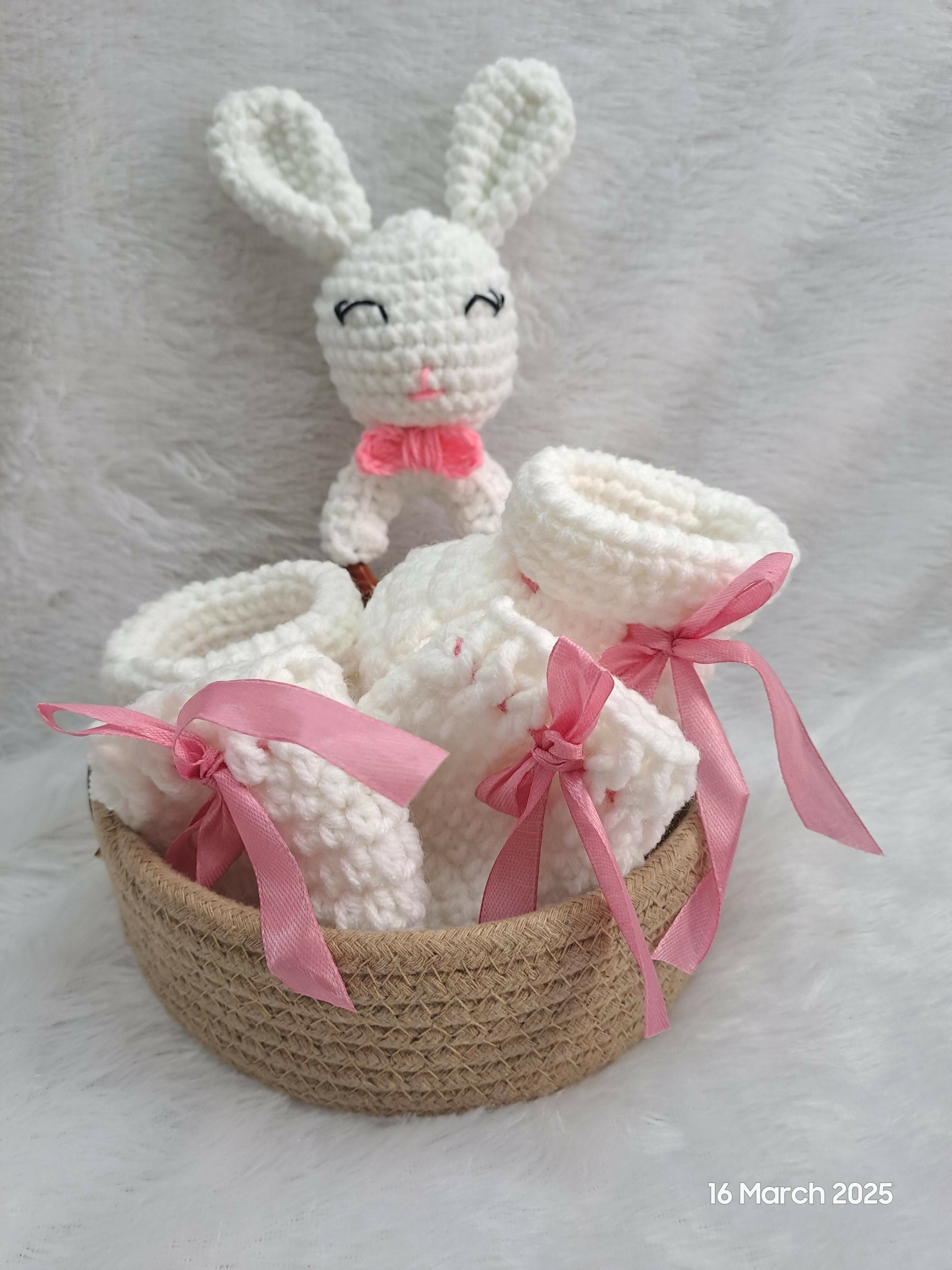 Booties, Rattle, Mittens & Basket Set – A Perfect Gift for Your Little One!