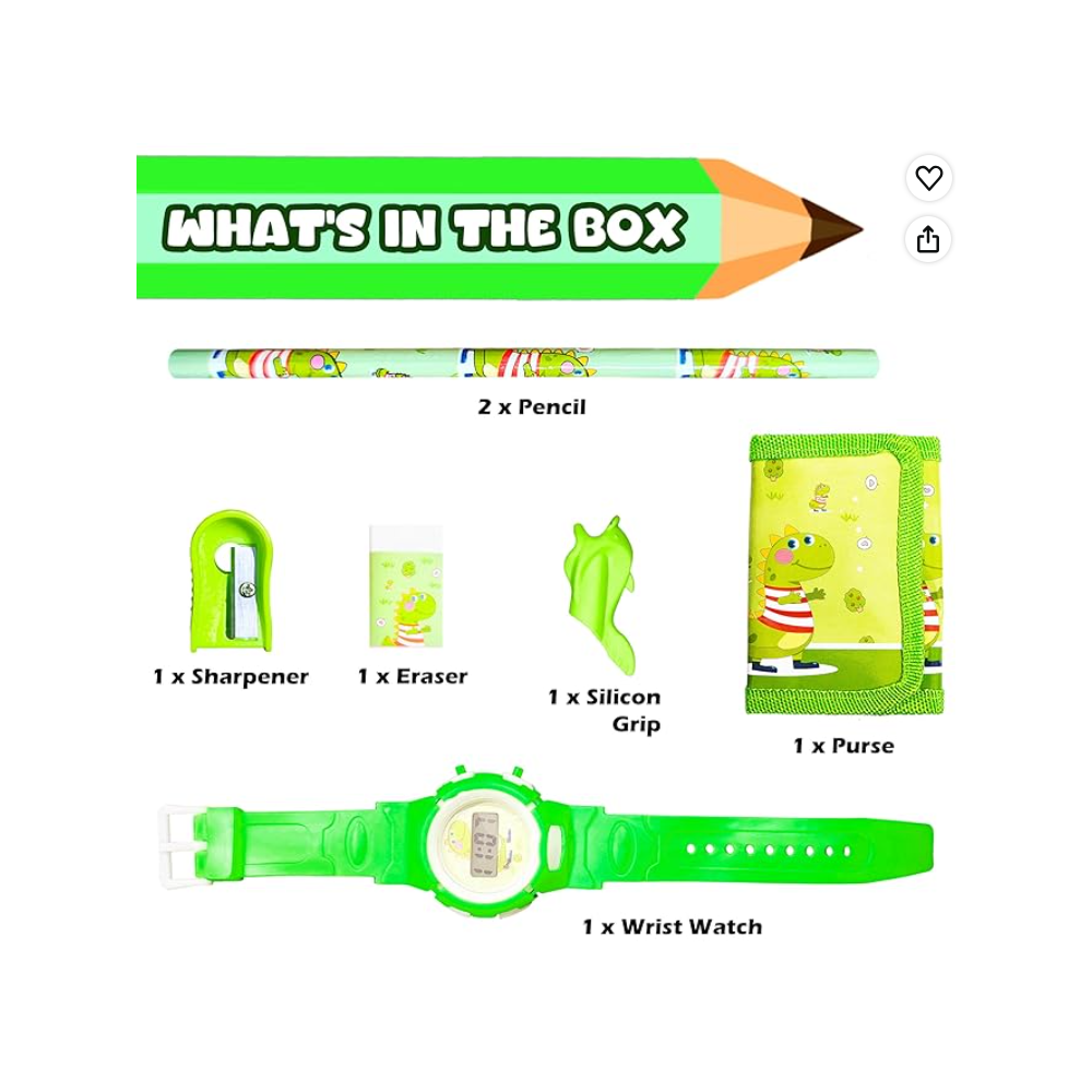 iLearnNGrow Luggage Packing Stationery Rakhi Combo in Green featuring school essentials, watch, wallet, stationery items, and a festive Rakhi, packed as a fun and practical Raksha Bandhan gift for kids.