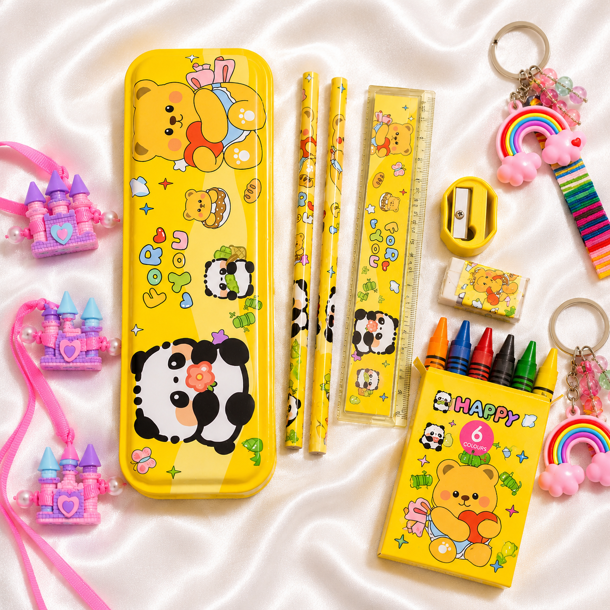 iLearnNGrow Panda Theme Stationery Rakhi Combo featuring a cute panda pencil box set with a festive Rakhi, combining useful school stationery with a fun Raksha Bandhan gift for kids.