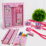 iLearnNGrow Unicorn Theme Stationery Rakhi Combo featuring a colorful unicorn pencil box set with a charming castle Rakhi, combining useful school stationery with festive Raksha Bandhan fun for kids.