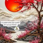 Decorative design with cherry blossoms, a red sun, and mountains bedsheet
