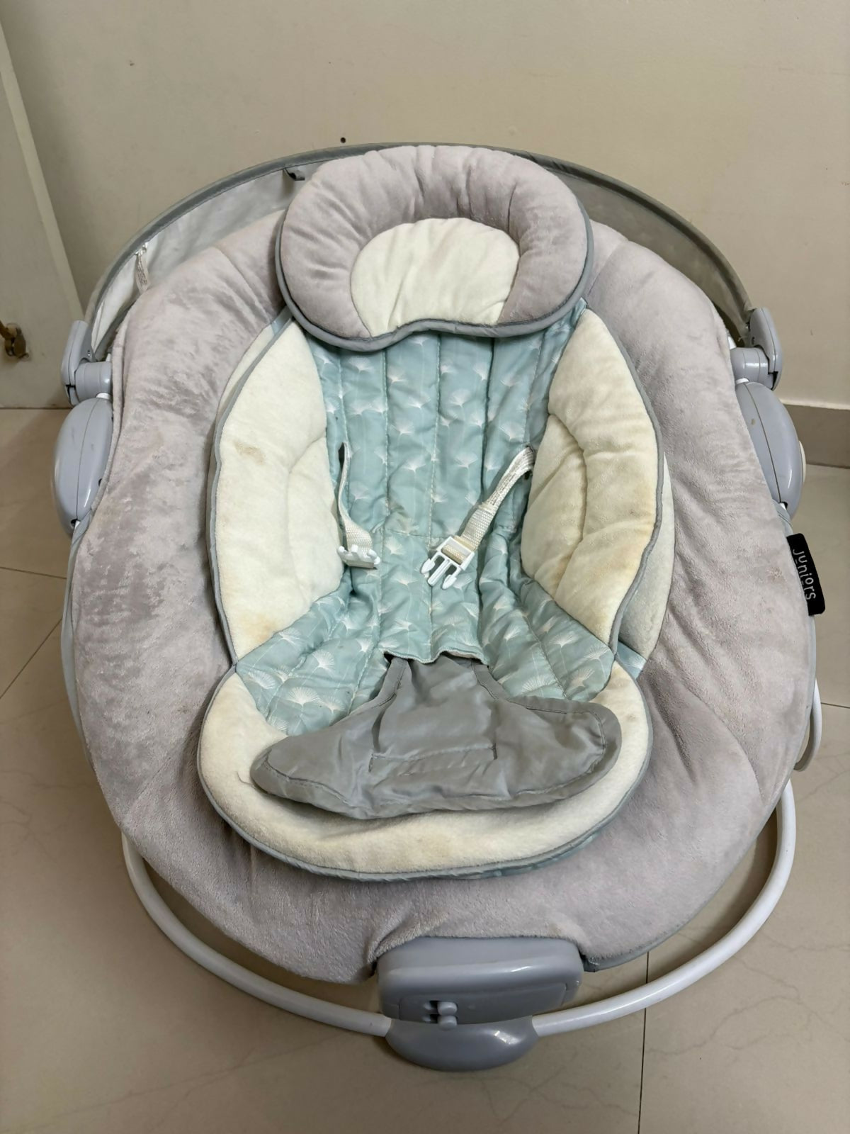 Juniors baby rocker, some used condition with slight fabric discoloration, comfortable and sturdy rocker for infants