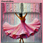 Mokshay Imagination Superking 110x110 bedsheet set with a woman in a colorful dress against a pink and gray striped background.