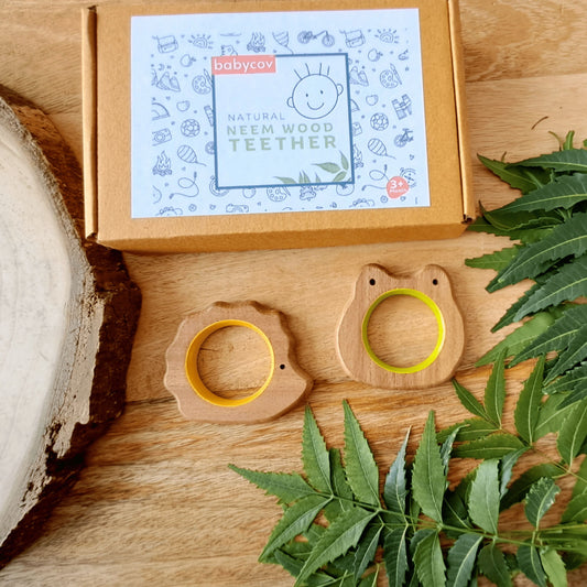 BABYCOV Cute Frog and Porcupine Natural Neem Wood Teethers for Babies | Natural and Safe | Goodness of Organic Neem Wood | Both Chewing and Grasping Toy | Set of 2 (Age 4+ Months)