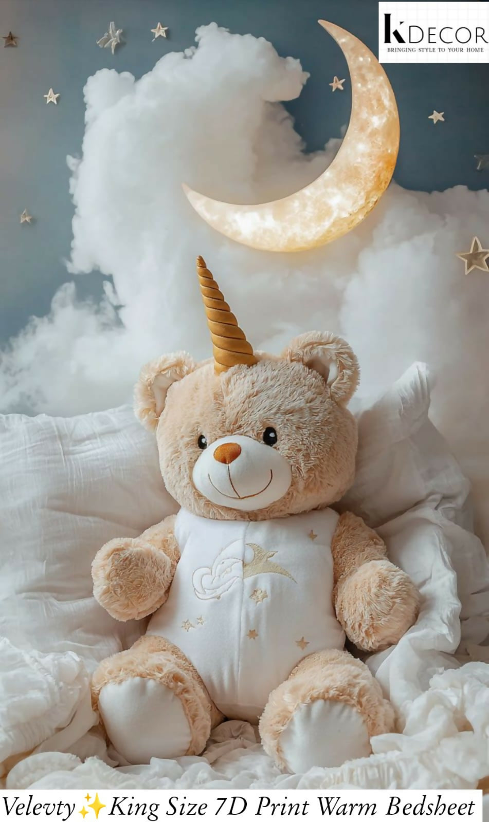 Teddy bear with unicorn horn sitting on a fluffy white surface with a moon and stars in the background.
