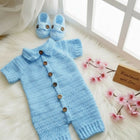 Blue crochet baby romper with matching booties