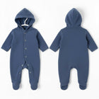 Blue baby onesie with hood shown from front and back