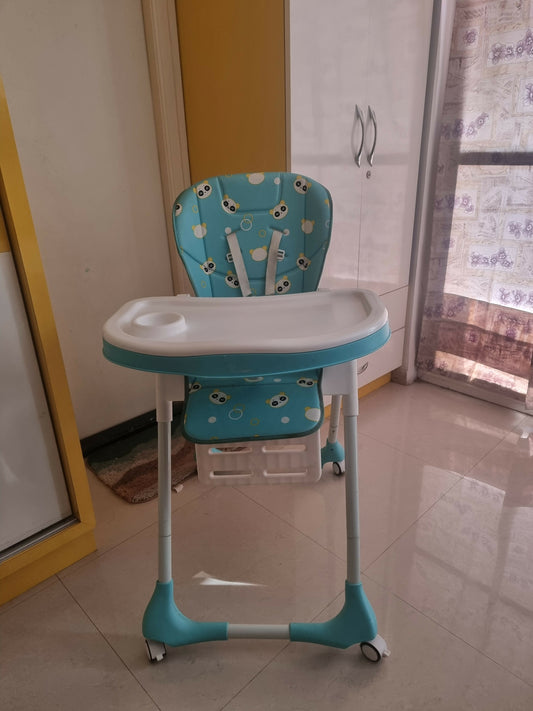 Blue and white baby high chair.