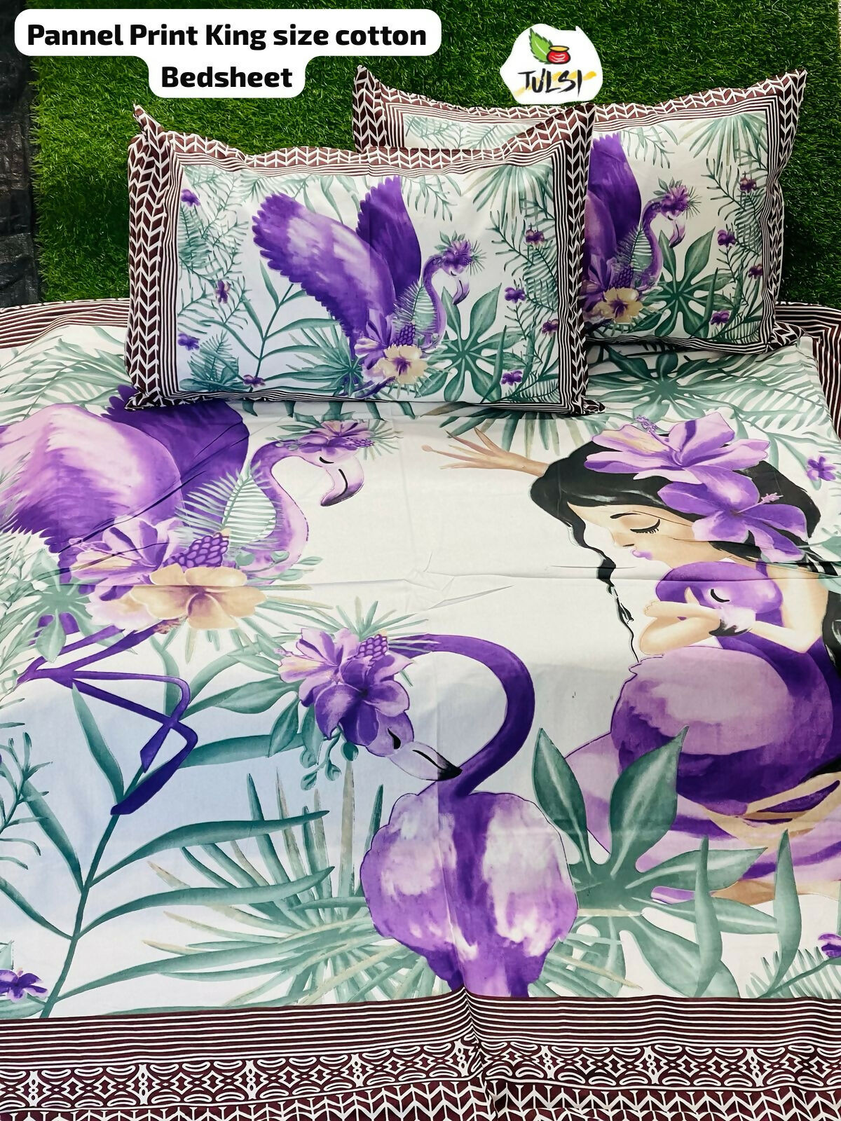Floral and bird patterned bedsheet set with pillows 