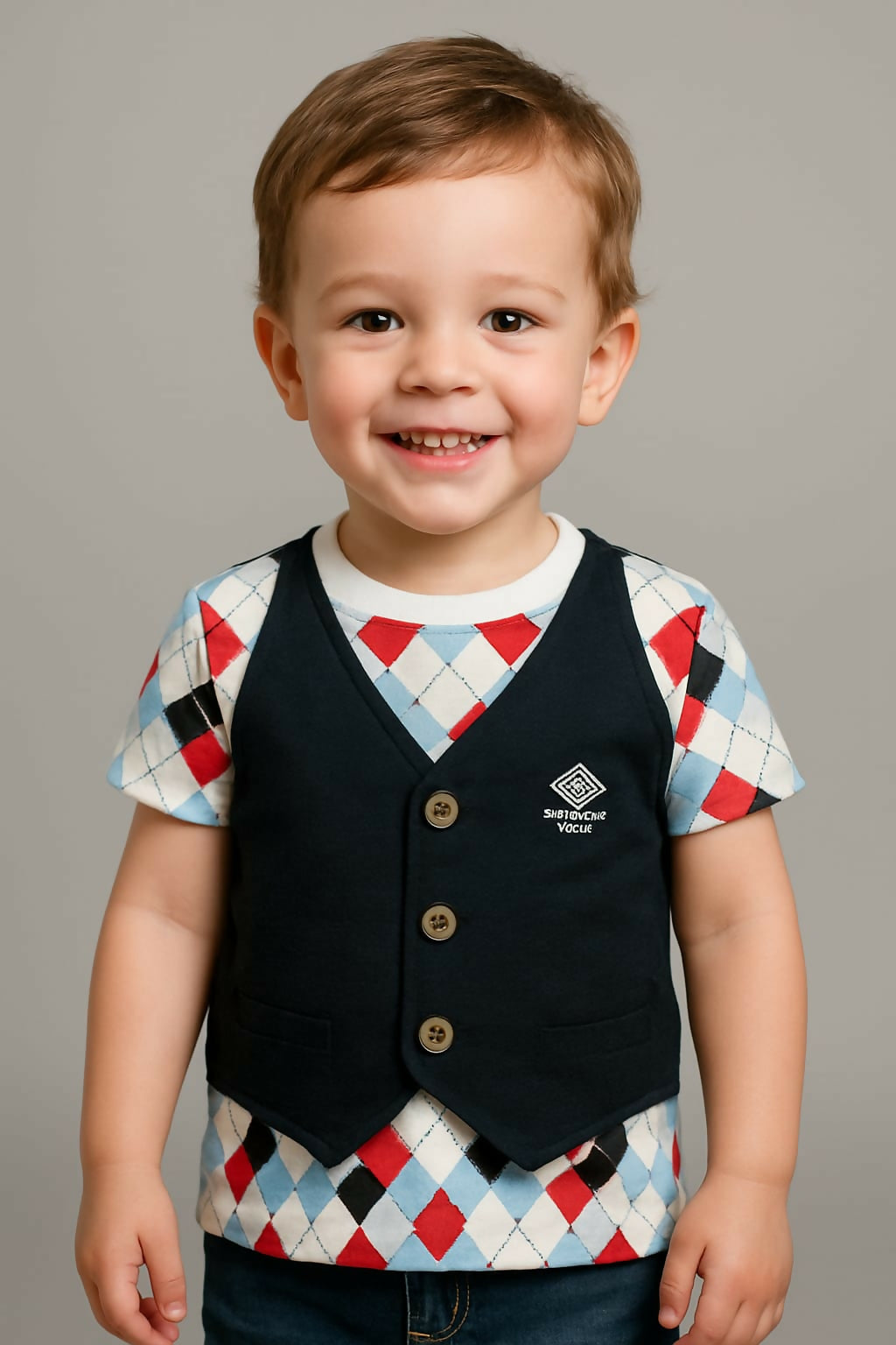 Child wearing a patterned shirt with a navy vest