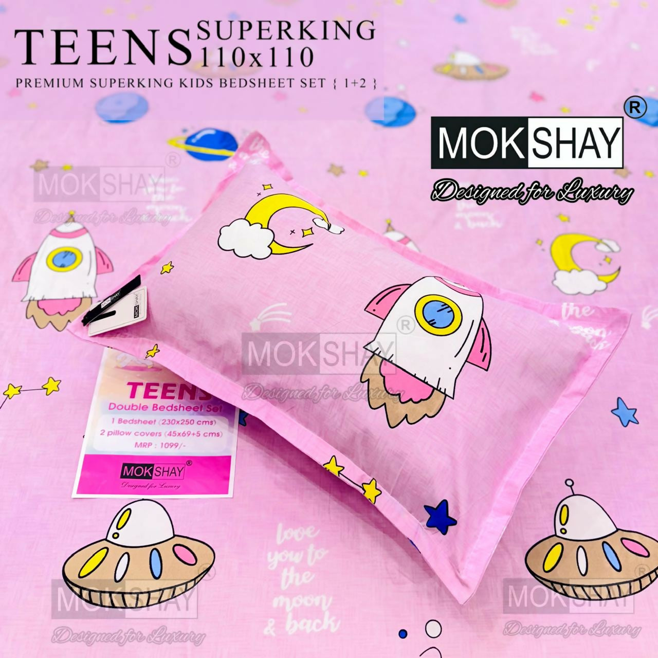 Mokshay Teens Superking kids bedsheets set with cartoon designs on a pink background