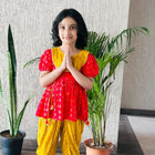 Saka Designs By Sapna Half Sleeves Floral Motif Foil Printed & Lace Embellished Top Dhoti And Dupatta Set - Red & Mustard Yellow