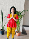 Saka Designs By Sapna Half Sleeves Floral Motif Foil Printed & Lace Embellished Top Dhoti And Dupatta Set - Red & Mustard Yellow