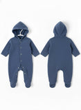 Blue baby onesie with hood shown from front and back 