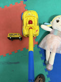 Combo of toys- push through toy, soft toy and school bus