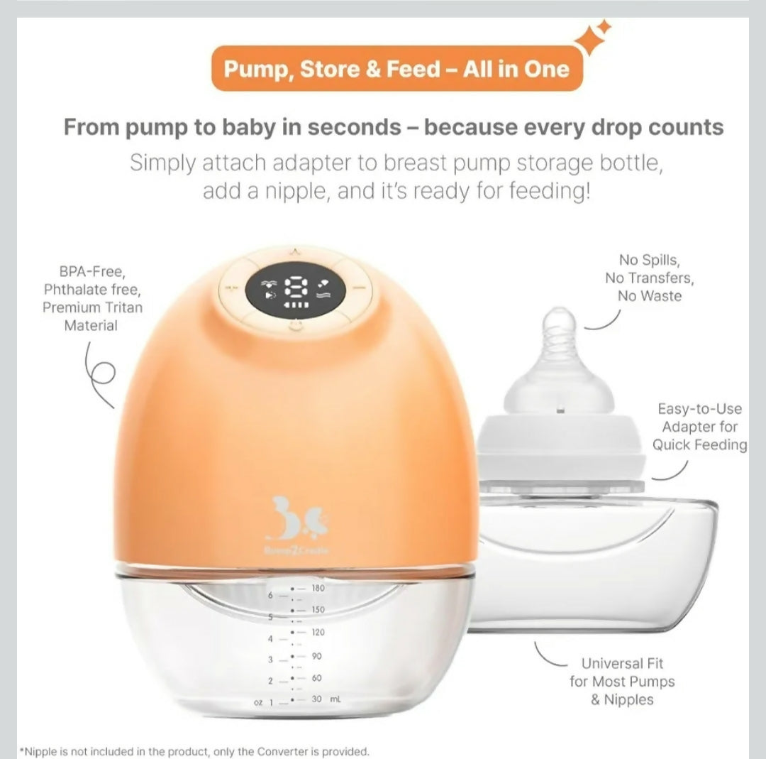 Orange breast pump storage bottle converter with a bottle on a white background