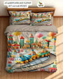 Children's bedding set with train and city design bedsheet