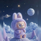 Cartoon character in a purple outfit on a celestial background with MOKSHAY branding.