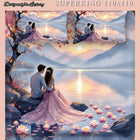 Mokshay Imagination Superking 110x110 bedding set with couple by a lake illustration.