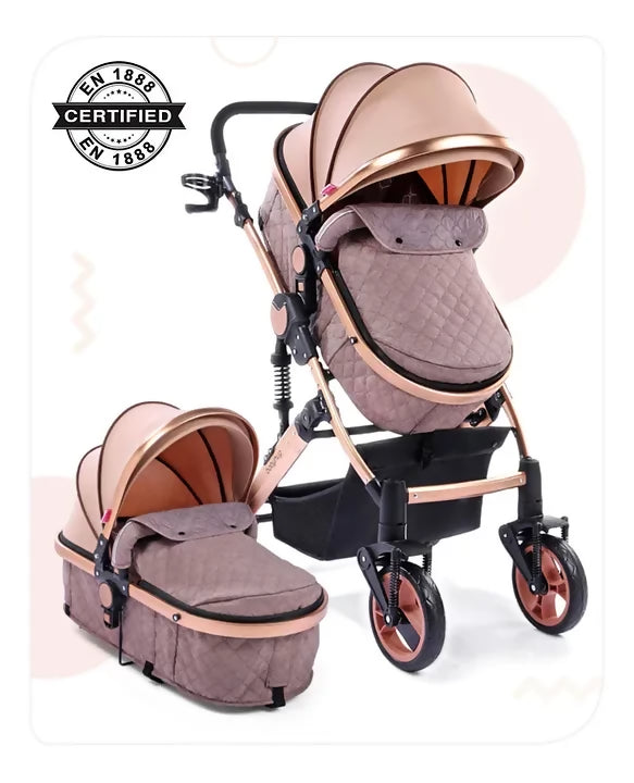 BABYHUG Majestic Stroller Cum Carry Cot With Canopy - Beige