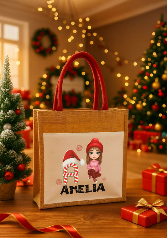 Decorative bag with a cartoon character and 'Amelia' text, set against a festive background with Christmas trees and lights.