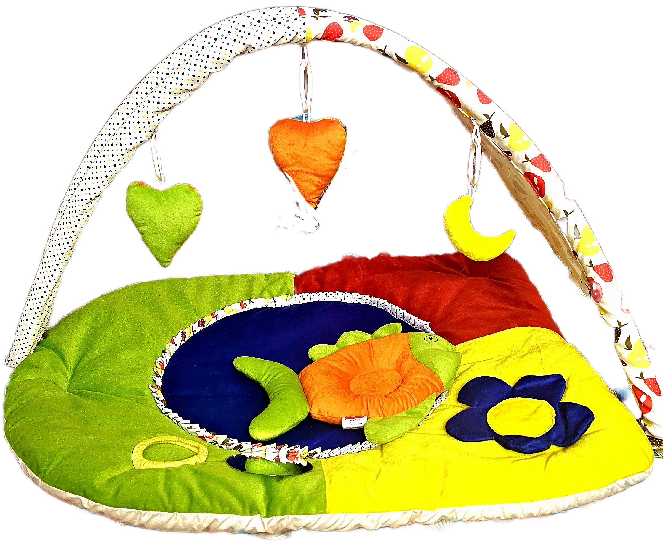 Colorful baby play gym with toys and hanging elements on a white background
