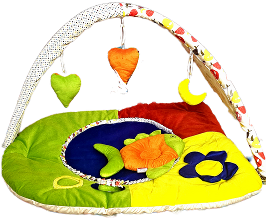 Colorful baby play gym with toys and hanging elements on a white background