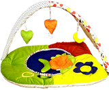 Colorful baby play gym with toys and hanging elements on a white background