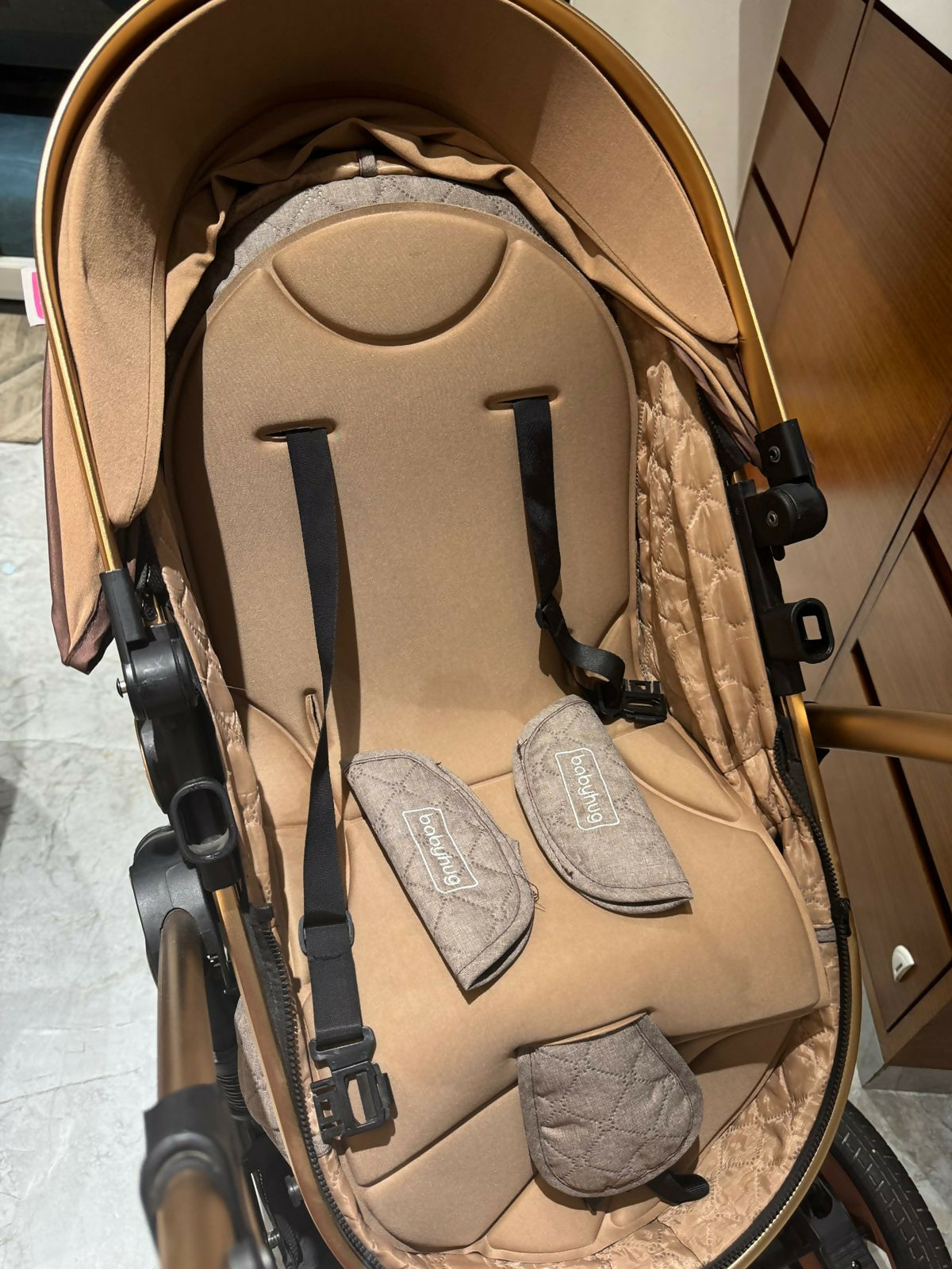 BABYHUG Majestic Stroller/Pram Cum Carry Cot With Canopy - Beige