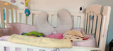 Baby crib/cot with bedding, mattress, side rail padding & fitted sheets – safe and complete sleep set.