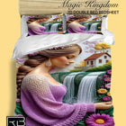 Bedding set with a woman in a purple sweater and waterfall design