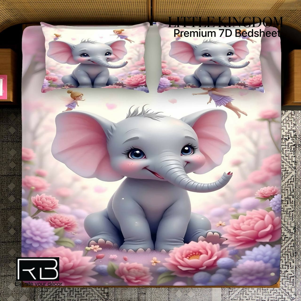 Children's bedding set with cartoon elephant design on a floral background