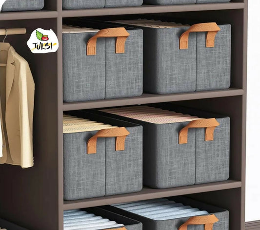 Gray storage bins with brown handles on a wooden shelf, featuring the TULSI brand logo.
