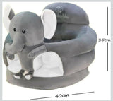 Gray elephant-shaped cushion with measurement details on a white background