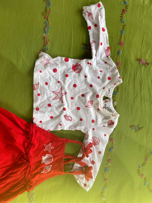 Doodle Frock (sleeveless) and Tshirt White (Full Sleeves) - Red/White colour