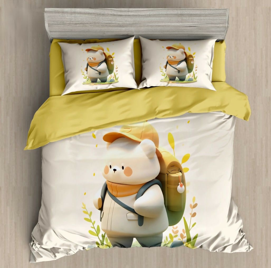 Bedding set with cartoon character design on a bed