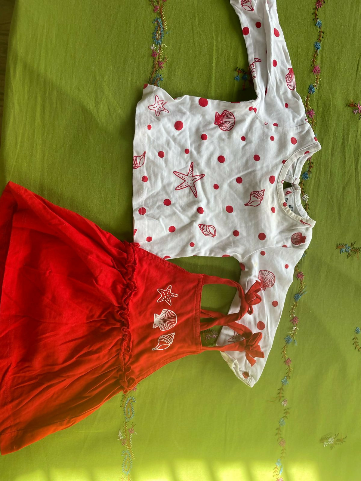 Doodle Frock (sleeveless) and Tshirt White (Full Sleeves) - Red/White colour