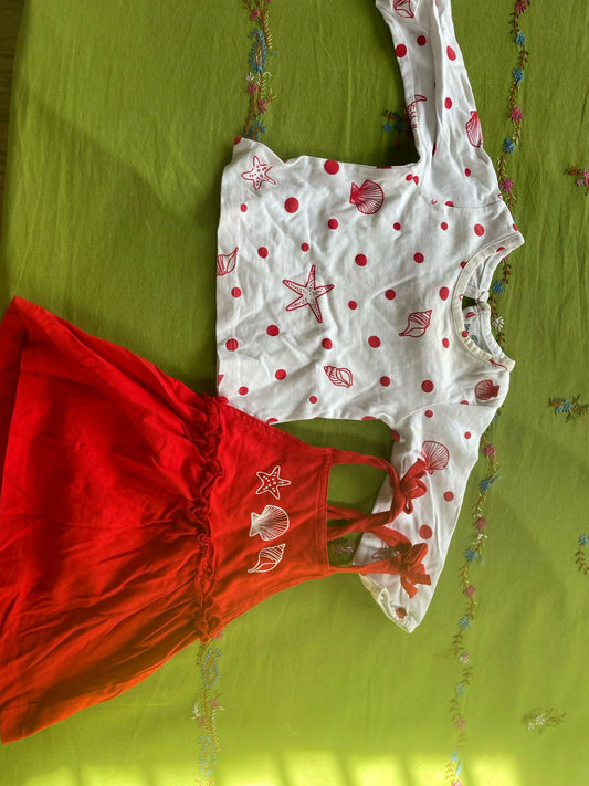 Doodle Frock (sleeveless) and Tshirt White (Full Sleeves) - Red/White colour