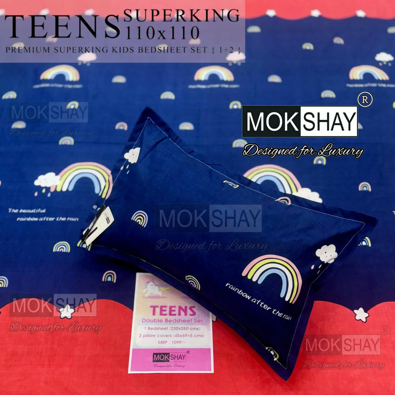Mokshay Teens superking kids bedsheet set with rainbow design on a blue background