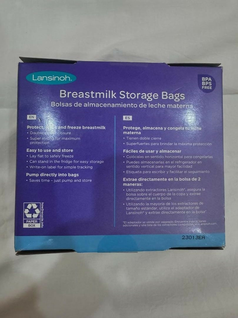 Store your breast milk safely and conveniently with Lansinoh Breast Milk Storage Bags – 50 pre-sterilized, BPA-free bags with double-sealed zipper, pour spout, and reinforced side seams for leak-proof storage.