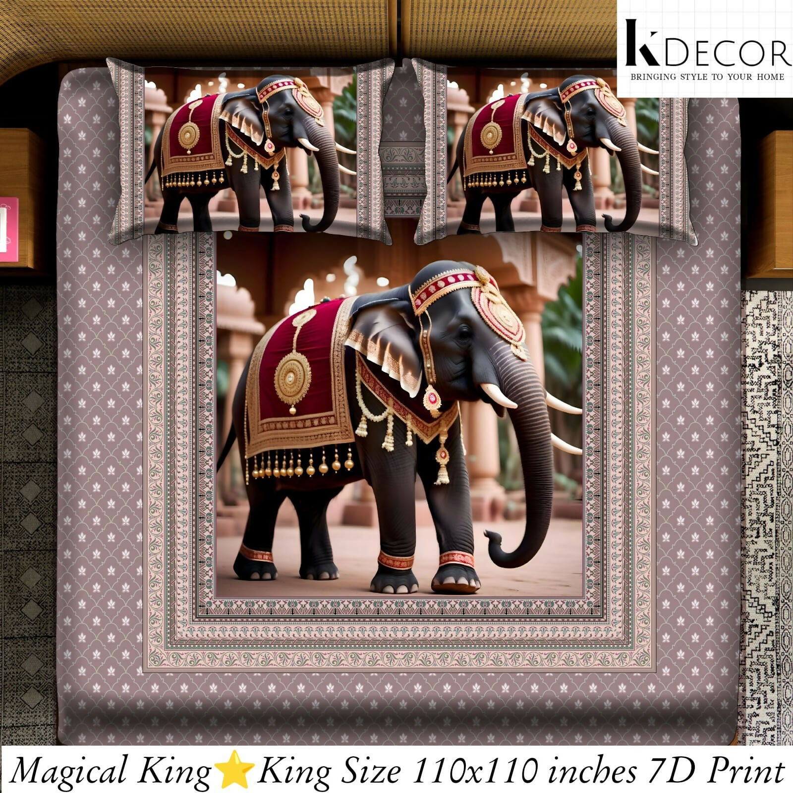 Decorative elephant print on a King size bedspread with K-Decor branding.