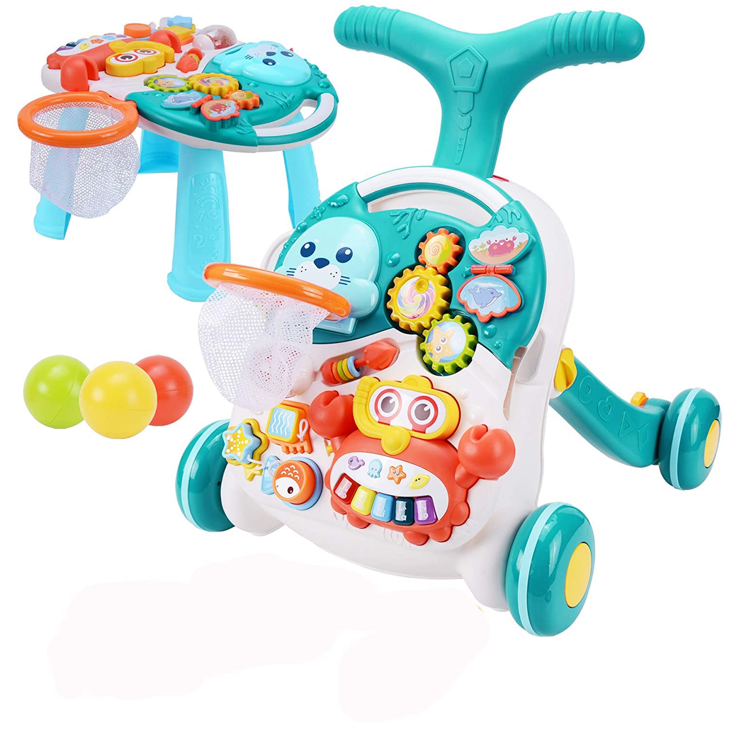 SISLIYA 2 in 1 Push Walker With Push Handle,Musical Piano Crab toy, Shapes, Fidget Spinners