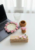 Crochet rose flower coaster with tiny basket