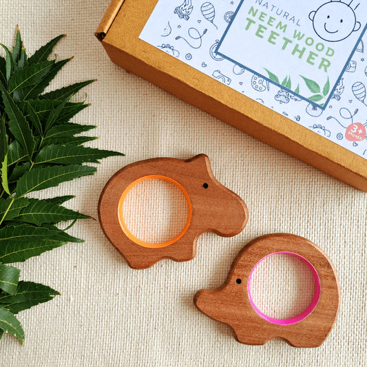 BABYCOV Cute Hippo and Elephant Natural Neem Wood Teethers for Babies | Natural and Safe | Goodness of Organic Neem Wood | Both Chewing and Grasping Toy | Set of 2 (Age 4+ Months)