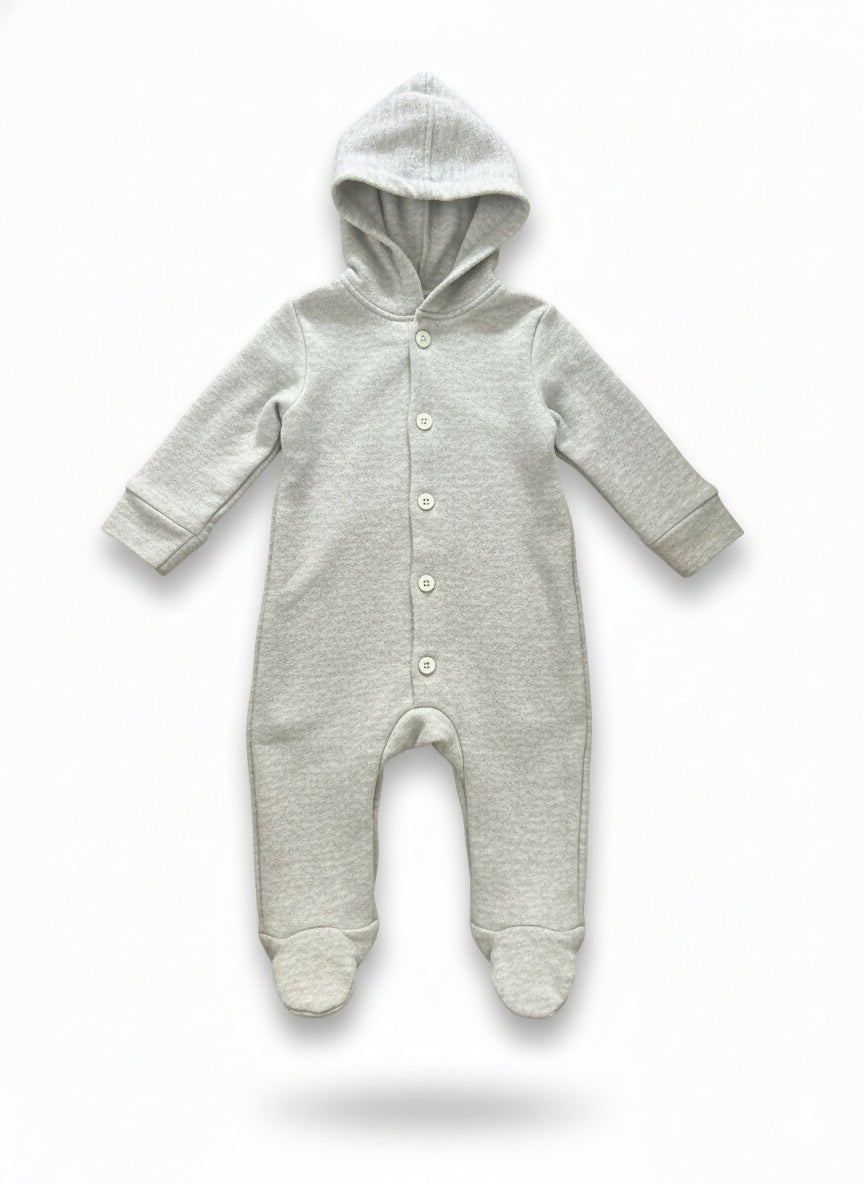 Gray baby onesie with a hood 