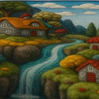 Felted landscape with houses, trees, and a stream on a green background