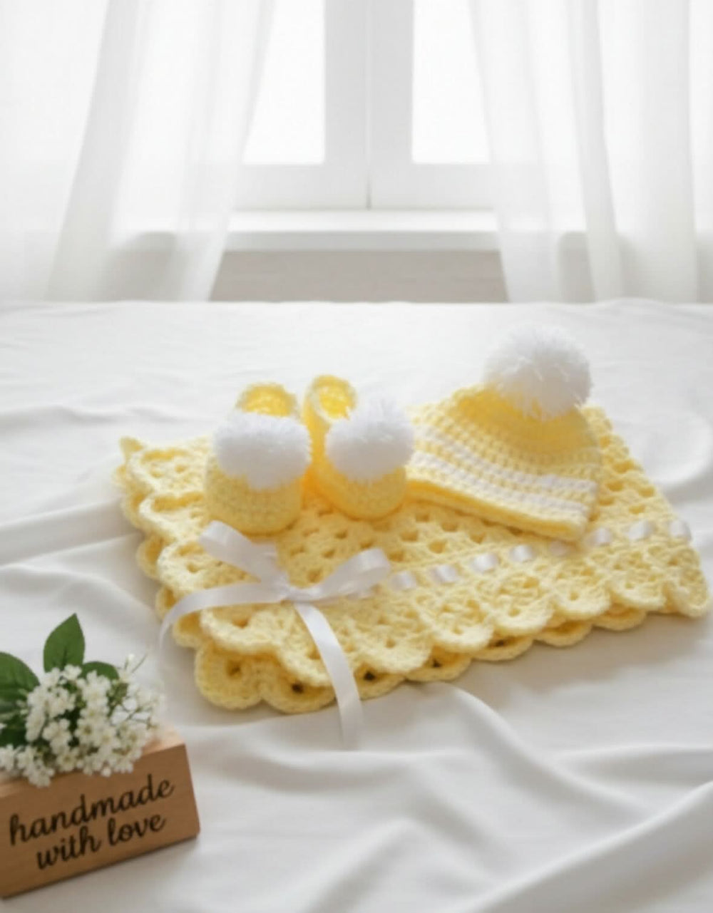 Childsafe Acrylic Yarn Handmade Cap, Booties and Blanket Set